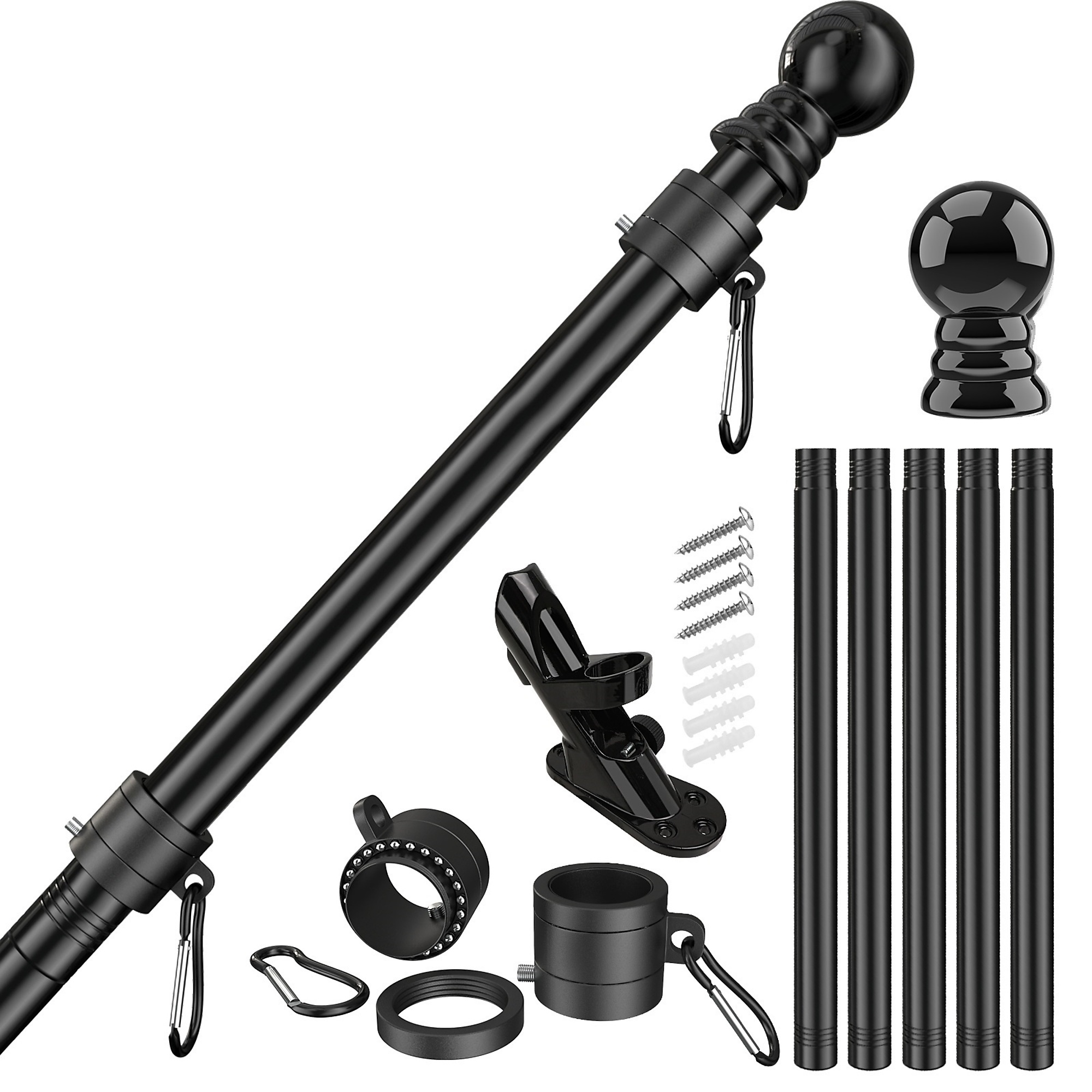 FlagStars 6FT SS Black Flagpole 5-Section | Anti-Wrap Black Rings & 2-Position Black Bracket | Model# FSB-5S6FB-B2